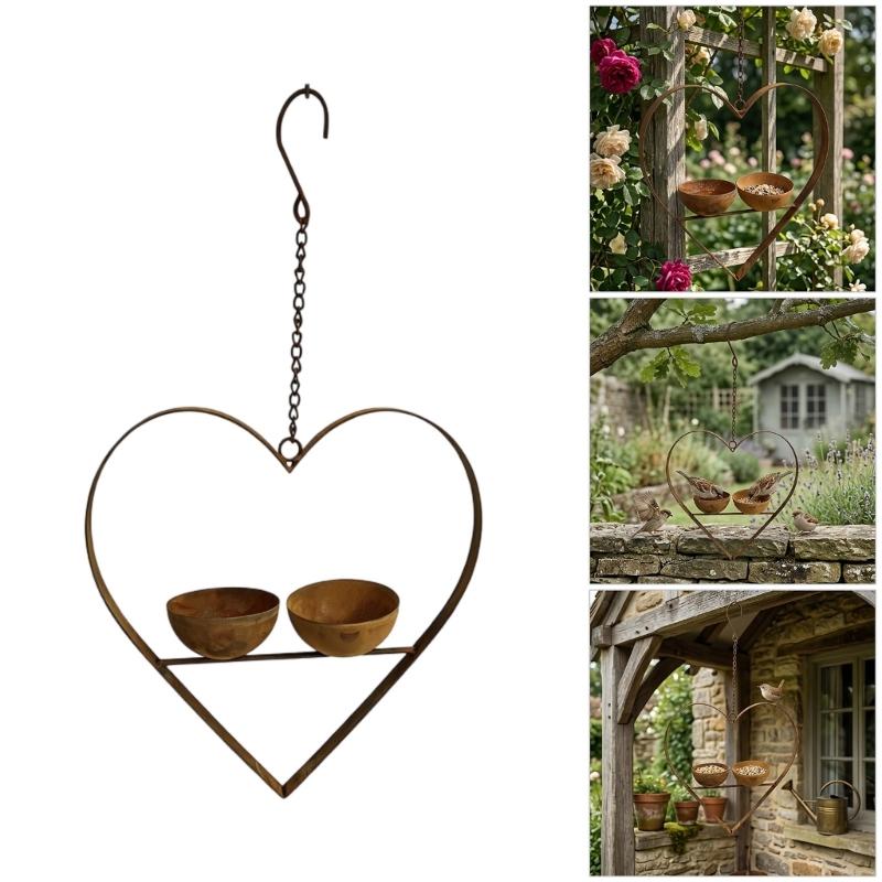Garden Bird Feeder Hanging Piece With Heart Frame Metal Frame, Two Bowls for Water and Bird Food on Porch Balcony Walls and Tree Posts