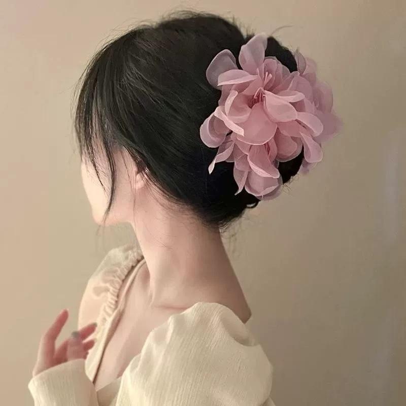 New Sweet Flower Pearl Hair Clip for Women Mesh Gentle Elegant Pan Hair Shark Clip Temperament Girl Hair Accessories