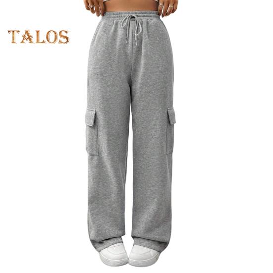 Pantaloni cargo pentru femei, cu talie elastică, cu șnur ajustabil, pantaloni drepti, cu picioare largi, pantaloni lungi sport de culoare solidă