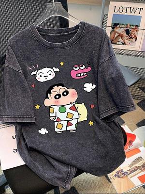 Plus Size Vintage Cartoon Washed Mid-Length Short-Sleeve Retro Loose Top for Women and Couples