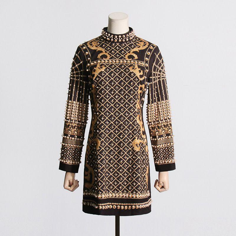 

2025 Autumn New French style Retro Print Bubble Bead Design Long sleeve Half-high Collar Fashion Temperament Short Dress Dress Gold XL