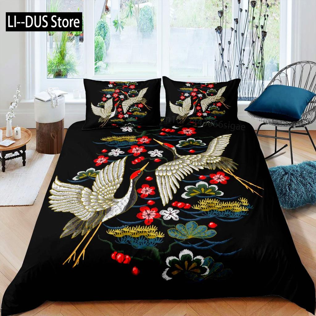 Comforter Crane Queen Size Japanese-Style Bedding Set Cherry Blossoms Pattern Women Girls Japanese Traditional