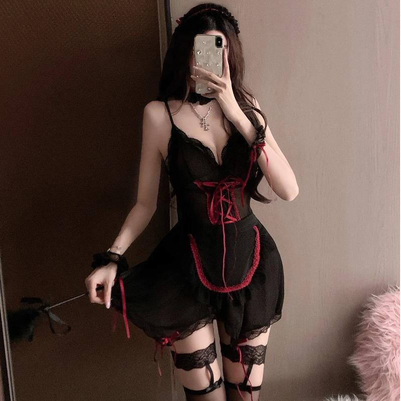 Sexy Lingerie Hot Slim Apron Maid Cosplay Sexy Deep V Suspender Dark Maid Uniform Seduction