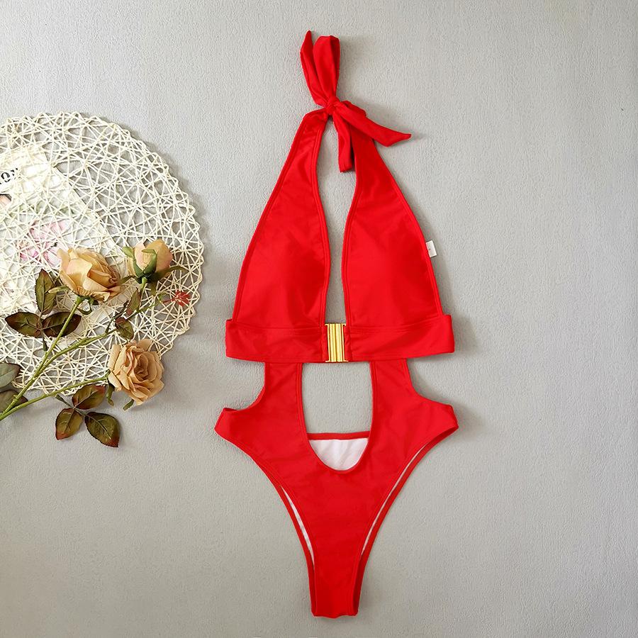 ביקיני חדש בצבע אחיד שלם V עמוק סקסי עיצוב אבזם מכירה חמה