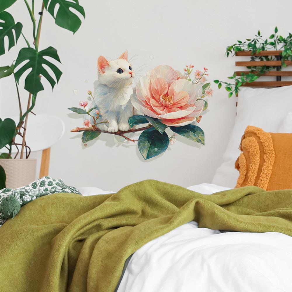 Self-adhesive Wall Stickers Cartoon Cute Cat Flowers Oil Painting Style for Kids Room Bedroom Home Decor