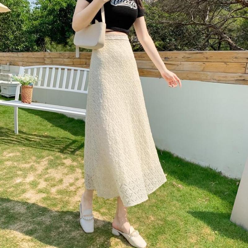 Fustă Dantelă Lungime Medie pentru Femei Vară Talie Înaltă A-line Coadă de Pește Fustă Lungime Medie