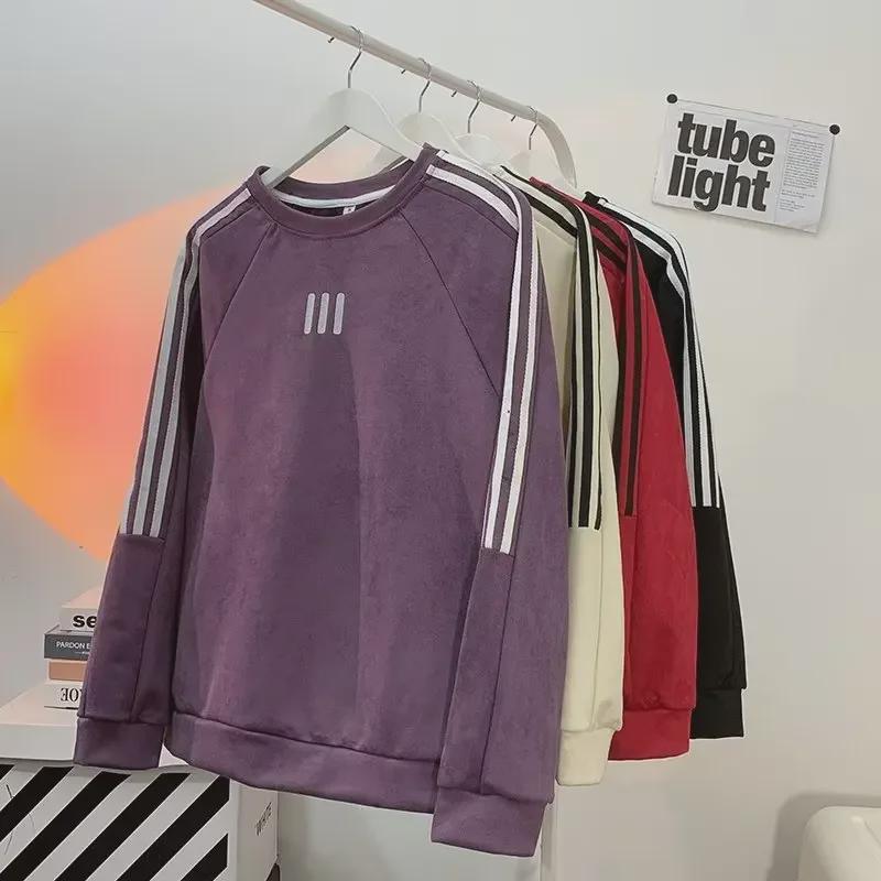 Men's Retro Striped Suede Sweatshirt – Round Neck Pullover for Spring & Autumn