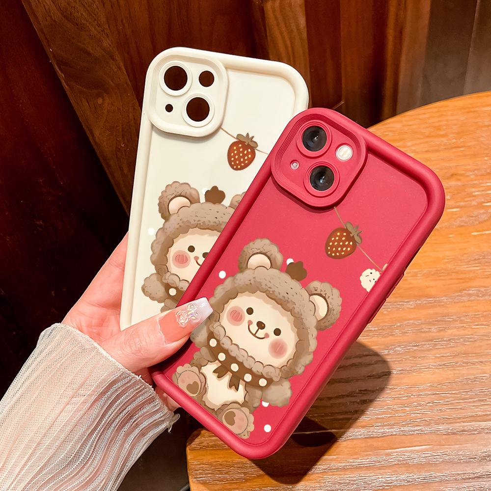 For Honor 200 90 Lite Huawei P30 P40 P50 Infinix Vivo V40 V30 Y16 Y19s Y22 Y22s Y36 Strawberry Bear Pattern Full Lens Protrct Soft Phone Case