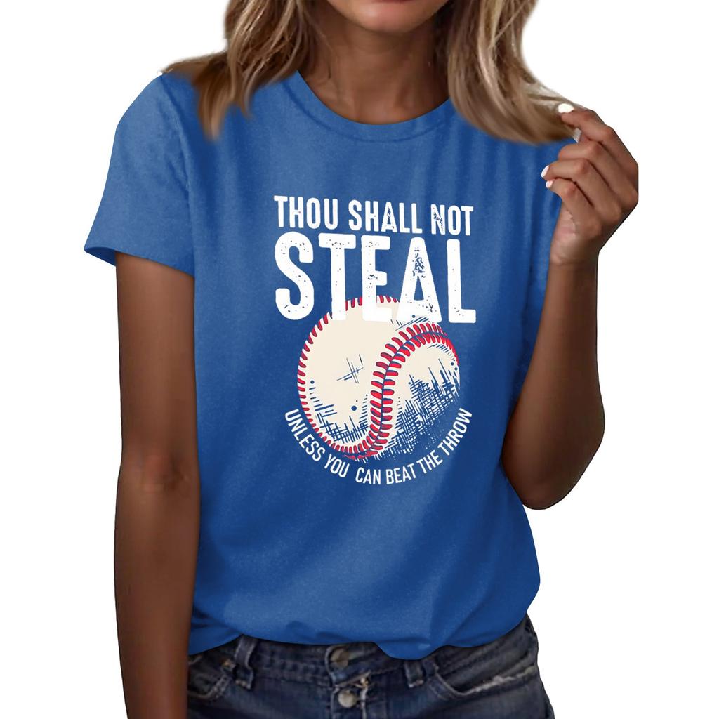 Women's Casual Baseball Print T-shirt Round Neck Pullover Short Sleeve Top