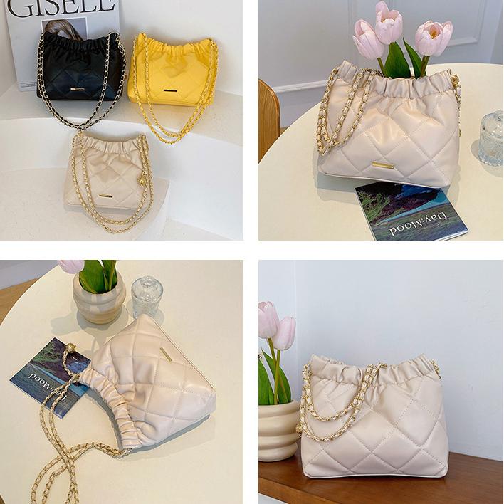Soft Leather Large Capacity Fashionable Pleated Chain Shoulder Bag Summer New Western-style Leisure Bag Drawstring Crossbody Bag