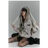 American Retro Hoodie Women Gothic Simple Print Rabbit Ears Zipper Hooded Fur Collar Sweatshirt Fashionable Harajuku Jacket Tops