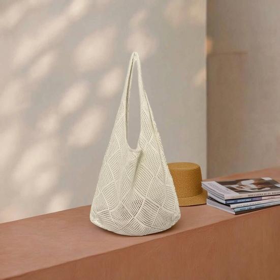 Women Crochet Shoulder Bag Lightweight Solid Color Mesh Handbag Fashionable Beach Bag Daily Commuting