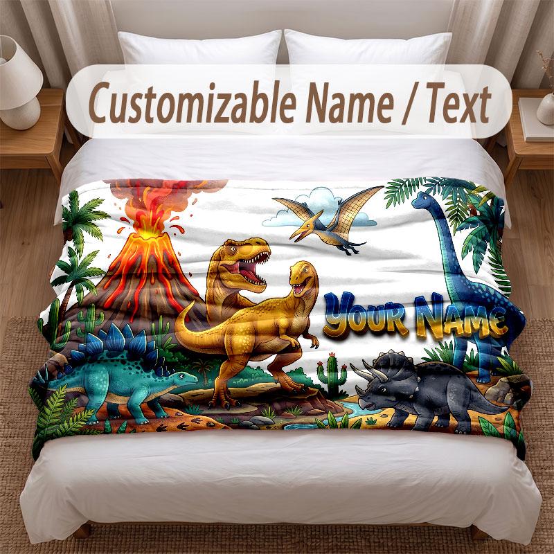 Dinosaur Theme Soft Blanket Personalized Custom Name Text Print Warm Blanket Home Sofa Bedroom Decor