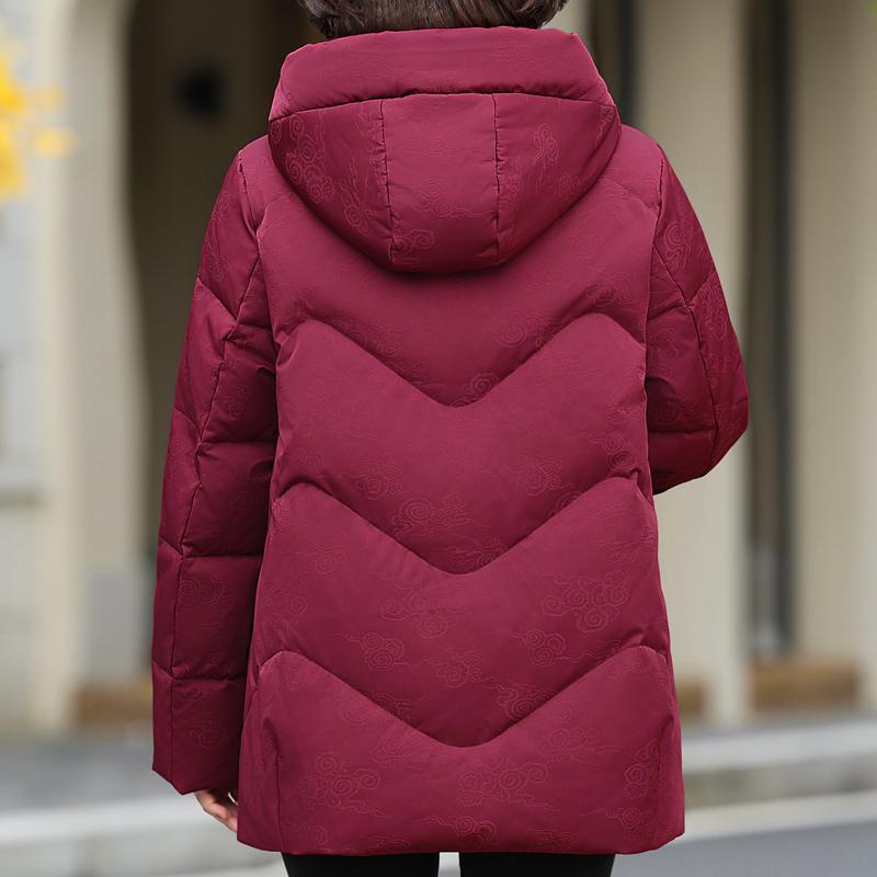 Kobiety w średnim wieku Zimowe Krótkie Kurtki Puchowe Vintage Parki z Haftem z Kapturem Eleganckie Grube Ciepłe Rozmiar Plus Płaszcze Puchowe Damska Odzież Wierzchnia