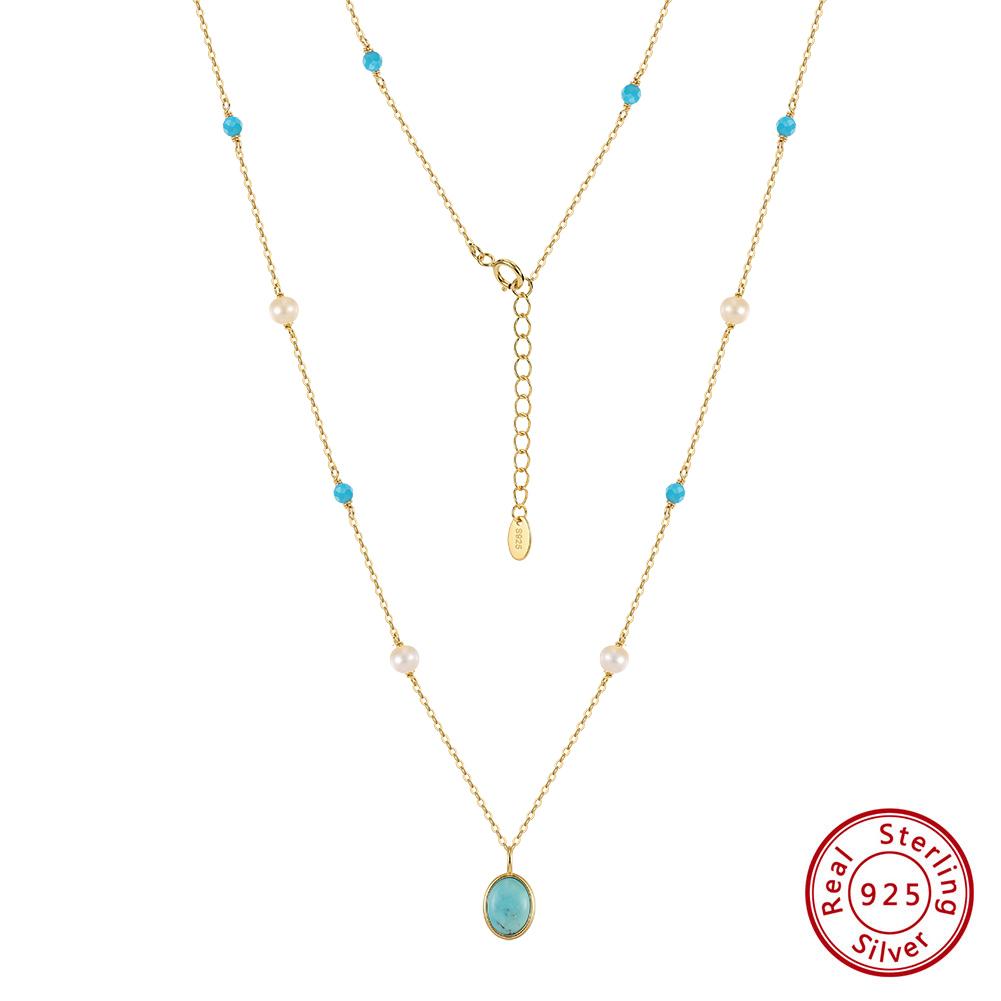 

EFFIE QUEEN 925 Sterling Silver Fashion Turquoise Oval Pendant Link Chain Charm Necklace White Pearls Daily Fine Jewelry MPN18