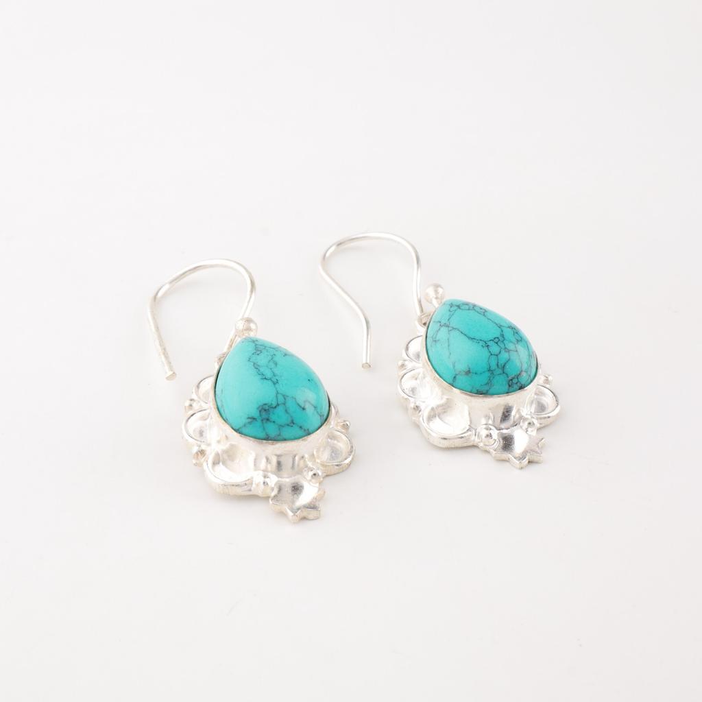 Blue Turquoise Gemstone 925 Stamped Silver Jewelry Handmade Girls Earrings 1.6" EE-163-23