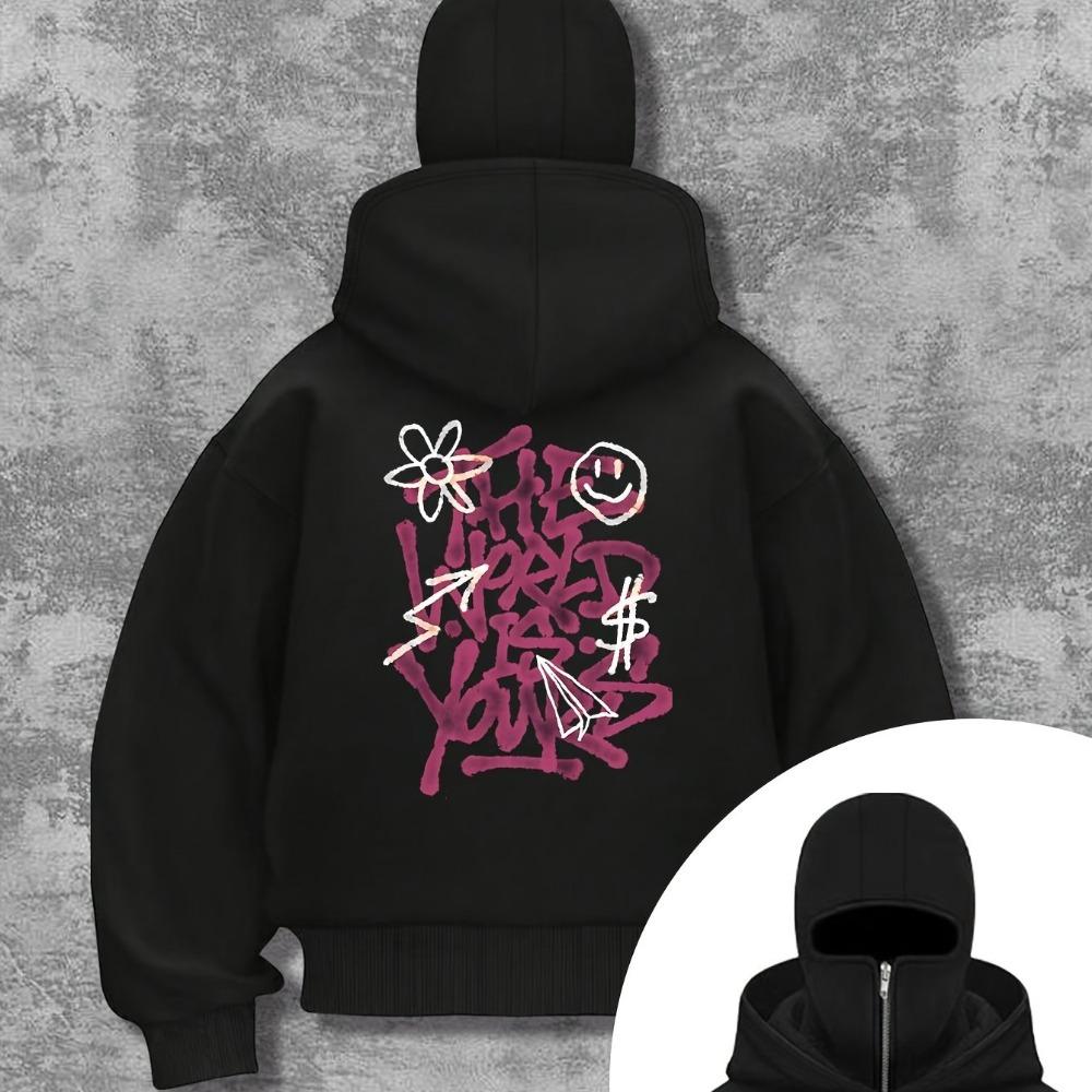 Double Hat, Double Neck Men's and Women's Fashionable Street Style Hooded Sweatshirt with Printed Zipper Pattern Sweatshirt