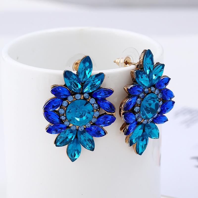 Boucles d'oreilles européennes et américaines rétro mode color block fleur cloutées cristal pierre gemme