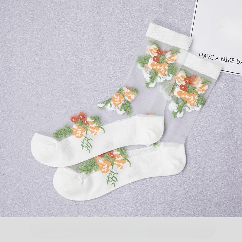 Summer Women Socks Ultra-thin Transparent Crystal Silk Socks Women Cartoon Print Japanese Kawaii Cute Funny Elastic Long Socks