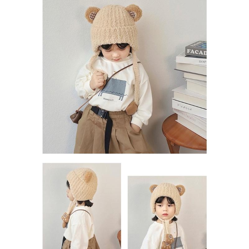 Autumn Winter Warm Hat with Earflap and Chin Strap Ties Cute Cartoon Beanie Cap Soft Bonnet Warm Headwear for Kids