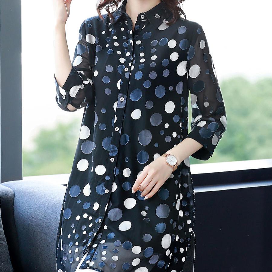 Chiffon Shirt Damen Lang Sommer Plus Polka Dot Lockeres T-Shirt Modisches Lockeres Freizeithemd