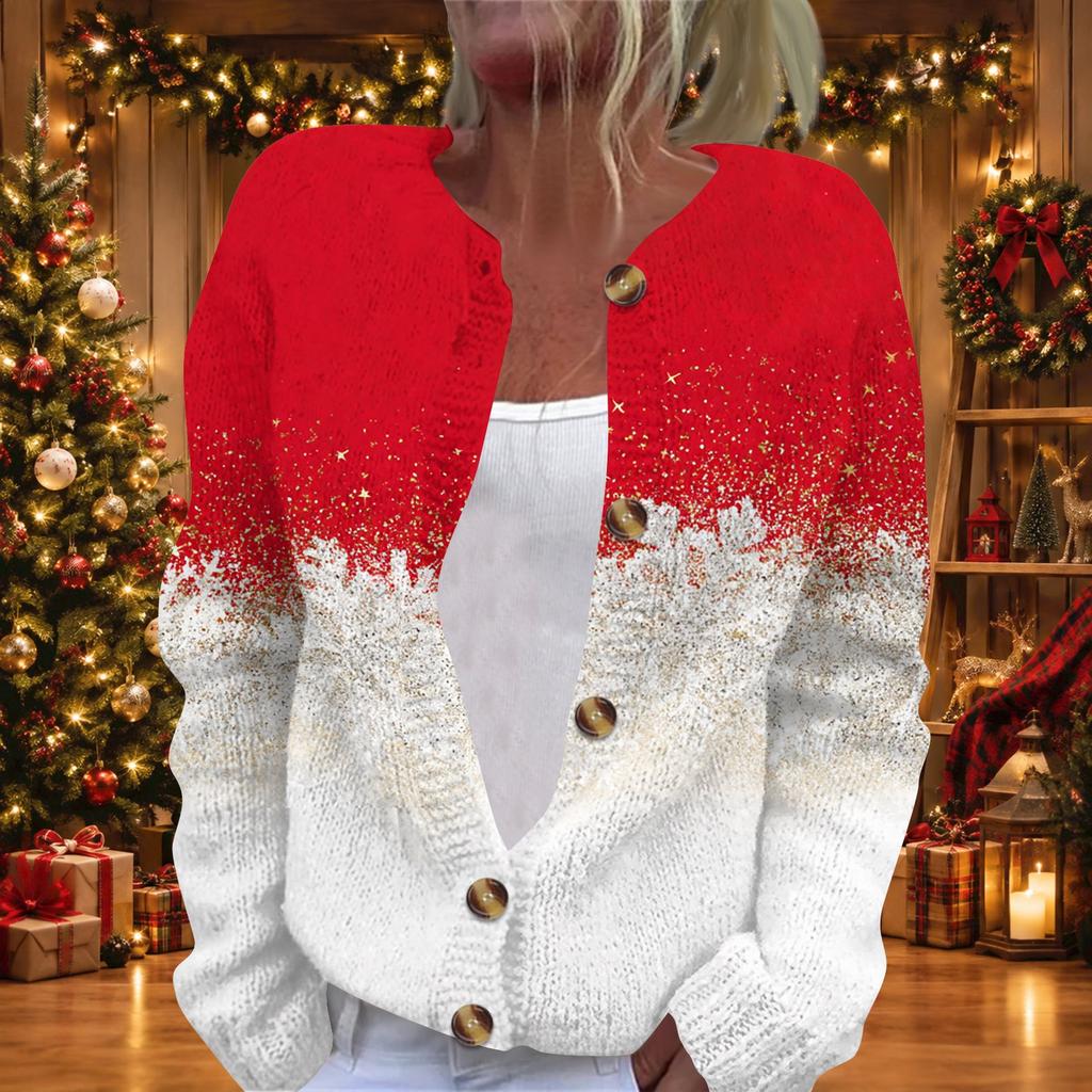 Women's Casual Stylish Christmas Print Long Sleeve Button Down Knit Cardigan