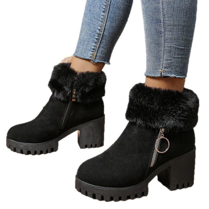 Women's Plus-Size Suede Platform Snow Boots - Short Ankle, Fleece-Lined, Winter 2025, Fashionable & Warm