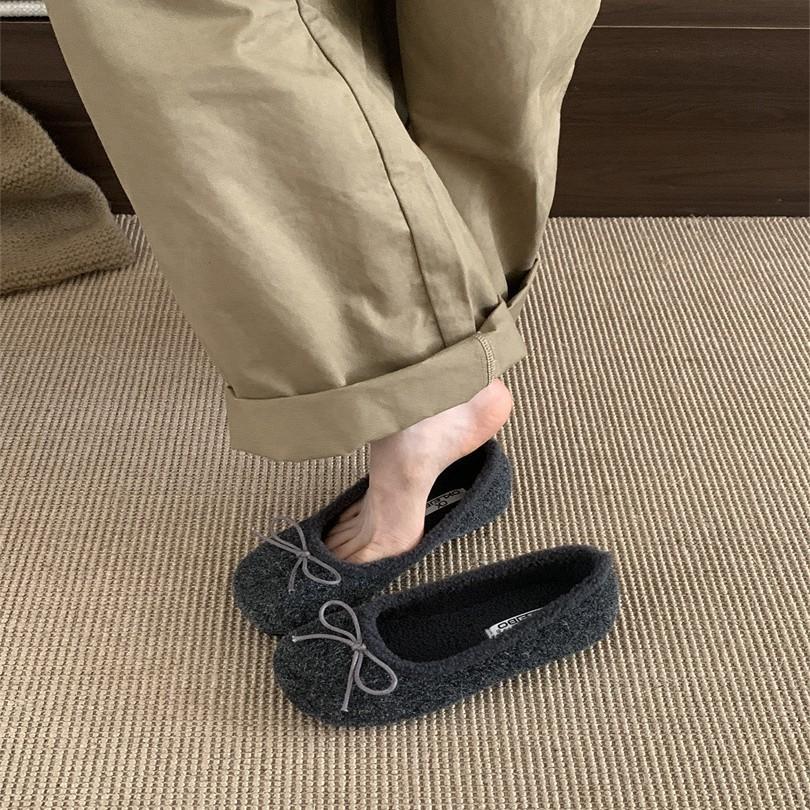 Sweet Bow Fluffy Shoes for Women's Outer Wear 2025 Autumn and Winter New Flat Bottom, Light, Comfortable and Warm Mary Jane Cotton Shoes