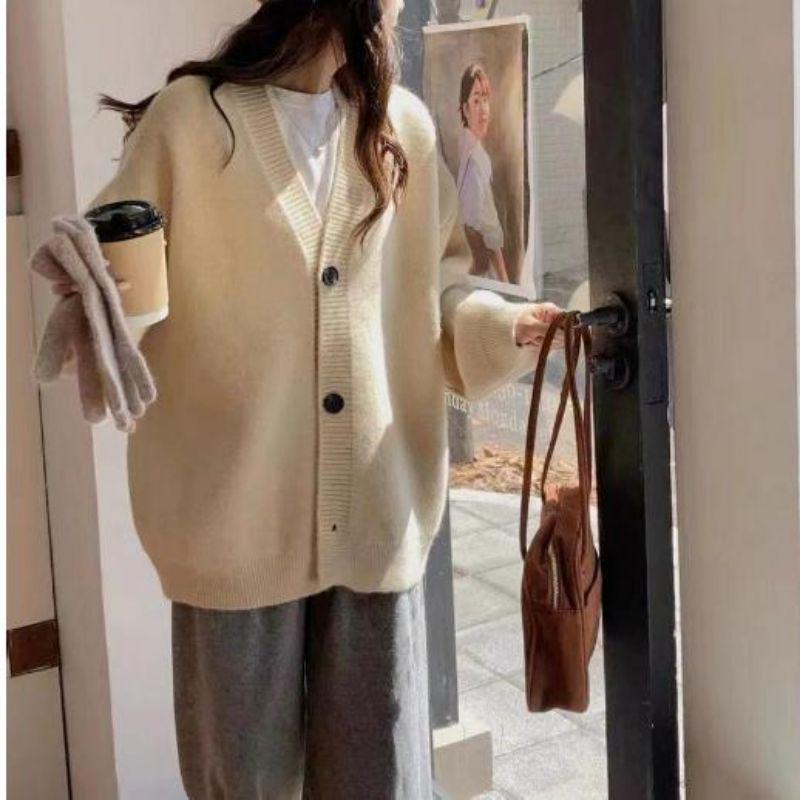 2024 Autumn/Winter Women's Soft V-Neck Pink Cardigan Sweater - Simple, Lazy Style Knit Outerwear
