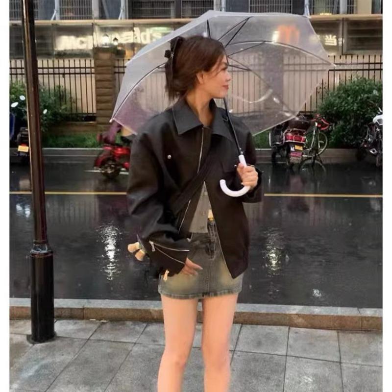 

Ретро кофейная куртка из искусственной кожи женская осенняя новая короткая куртка топ повседневная мотоциклетная куртка XL чёрный