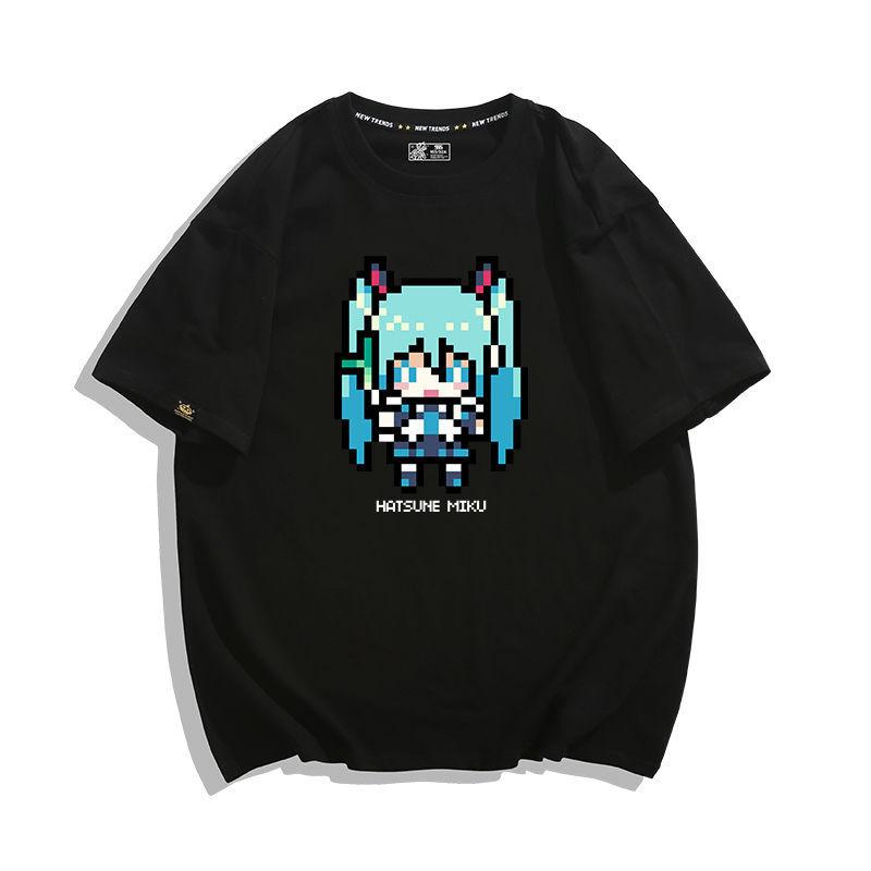 Pixel Style Hatsune Miku Anime Peripheral Animation Printing Tshirt Unisexs and Unisexs Cotton Loose Fashion Trend Summer Tshirt
