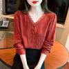 Women's V-Neck Blouse Long Sleeve Lace Trim Button Front Casual Top Shirts