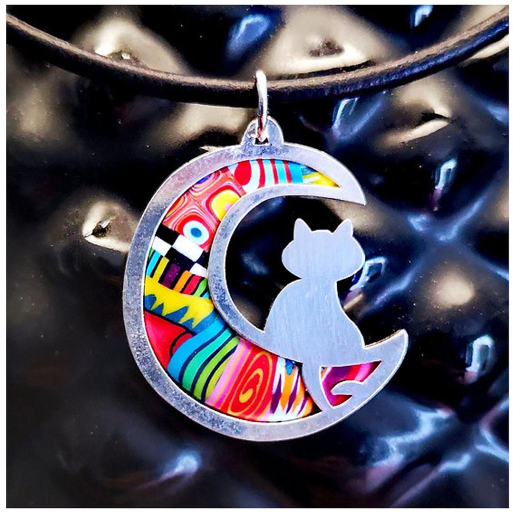 Les Trésors De Lily [R1278] - Handmade Necklace 'Columbine & Harlequin' Multicolored Silver 'cat In the Moonlight) - 33x30 Mm