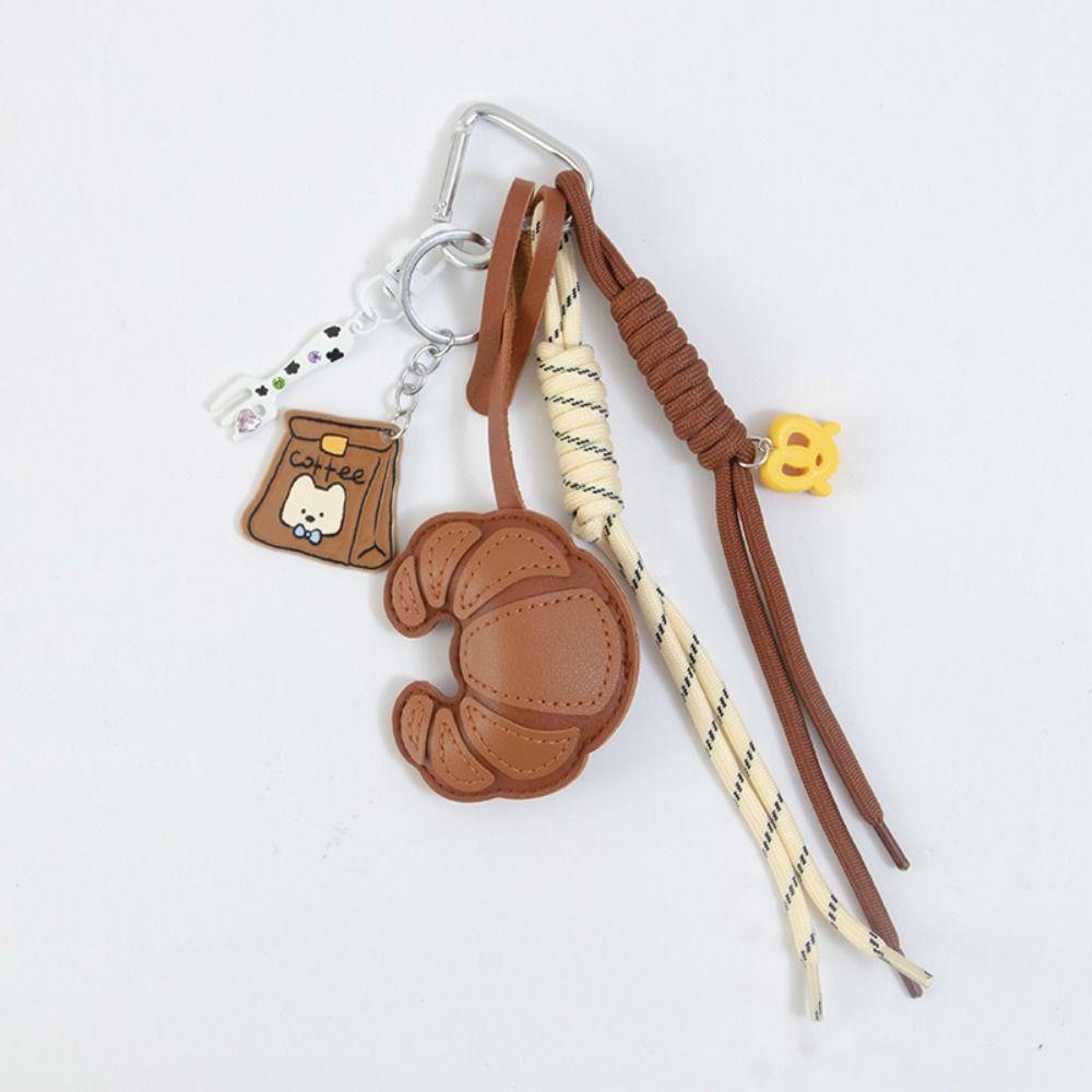 Hand-Woven Ladies Horn Bag Pendant Anti-Lost Pu Leather Bread Keychain Children Girl