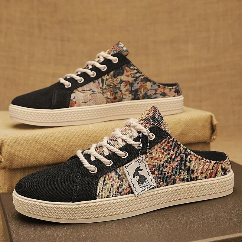 2025 Summer Trendy New Men's Casual Canvas Shoes Breathable Comfortable Lightweight Half Slippers Soft Soled Men's Shoes