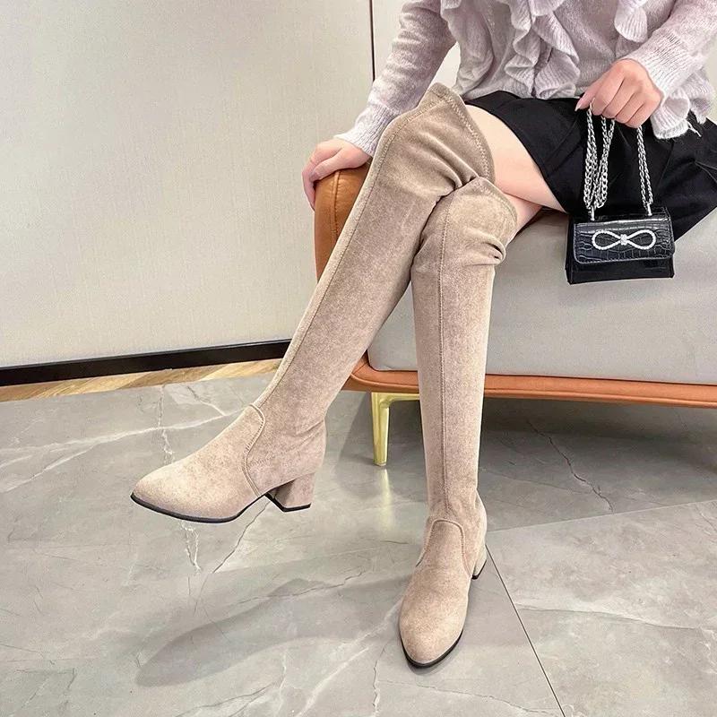 Fashion Over The Knee High Boots Women Pointed Toe High Heels Chelsea Snow Boots 2024 Trend Winter Suede Sexy Chunky Pumps Zapatos Mujer