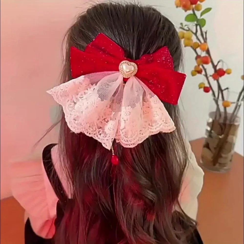 Sweet Temperament,Lace Red Big Bow,Runaway Princess, Broken Diamond Hair Clip,Women's Back of The Head Headband Accessory