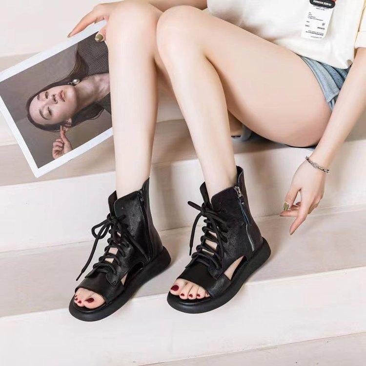 High-top Fish Mouth Sandals Women's Flat-bottomed Breathable Retro Beach Shoes 2025 Summer New Hollow Straps Roman Boots