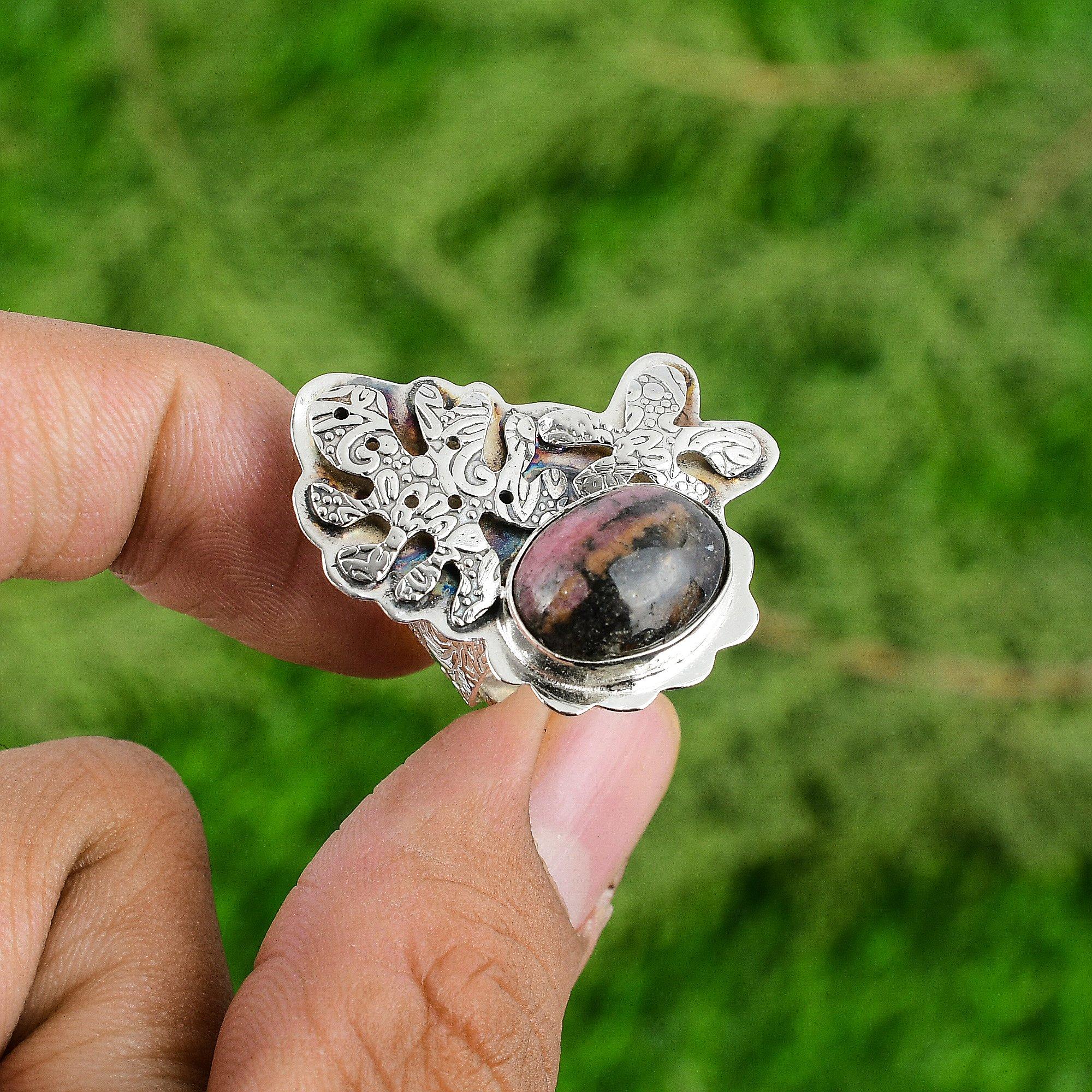 

Natural Rhodonite Gemstone Stackable Adjustable Ring 925 Silver For Women Adjustable