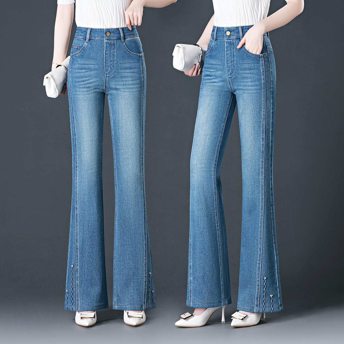 

Women s Light Color High-Waisted Micro-Flare Jeans, Elastic and Slimming, Colored Thread, Plus Size, Ideal for Spring and Autumn Size 2XL