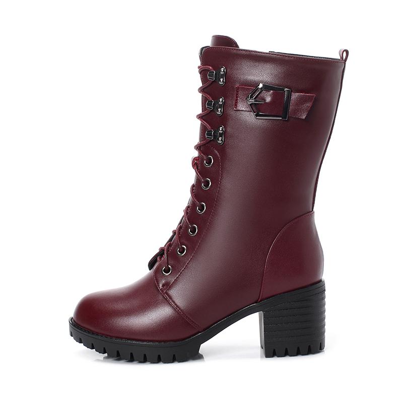 Fashion GKTINOO Boots Women Genuine Leather High-heeled Large Size Motorcycle Boots Women New Wool Warm Winter Boots for Women