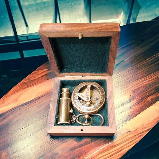Brass compass with telescope keyring in box , Engraved, Custom, Customized  Great Christmas Anniversary gift