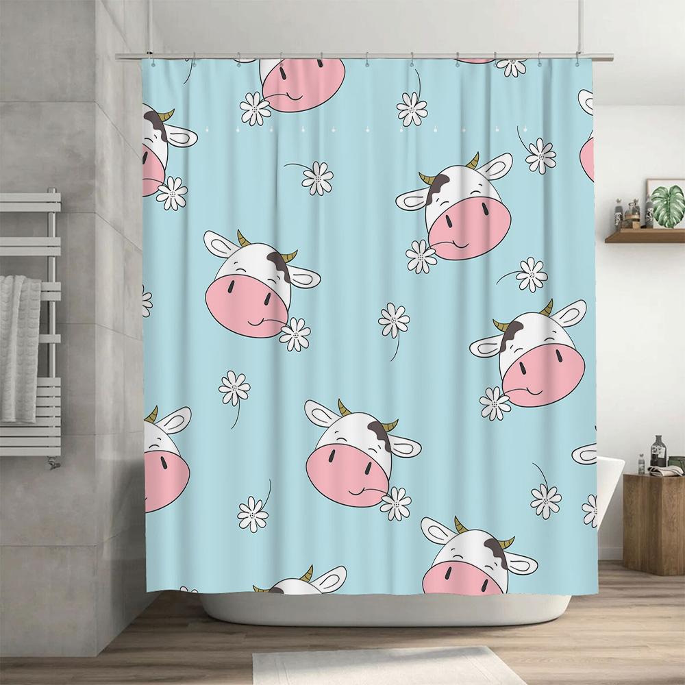 Adorable Animal Print Shower Curtain Cute Cow Design for Bathroom Decorations Blue Floral Pattern Fabric Waterproof Bath Mat Set