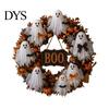 Decorative Fall Wreath Halloween Boo Ghost Wreath, Spooky Door Hanging Decoration with Pumpkins Holiday Home Accents And Spider Webs for Front Porch,