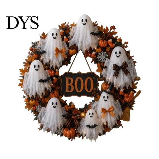 Decorative Fall Wreath Halloween Boo Ghost Wreath, Spooky Door Hanging Decoration with Pumpkins Holiday Home Accents And Spider Webs for Front Porch,