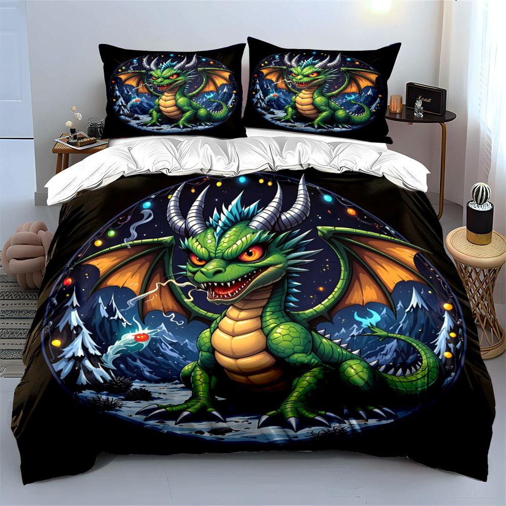 3Pcs Green Dragon With Snowy Night Duvet Cover Set With 3D Printing Design Soft Polyester Bedding Set All-Season Comfort
