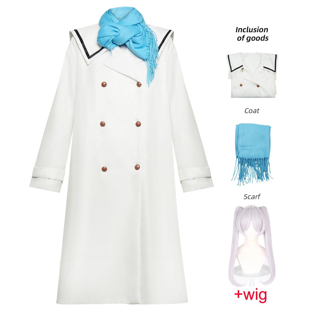 Anime Frieren Beyond Journey's End Cosplay Γυναικείο Σετ Κοστουμιού με κασκόλ, παλτό, λευκή περούκα, ρούχα για πάρτι αποκριάτικο, στολές