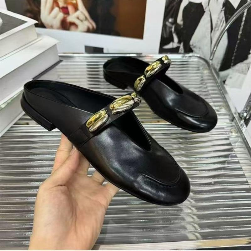 Metal Buckle Bag Head Half Slippers Women Summer Wear Imitation Leather Lazy Shoes Thick Heel Cool Slippers