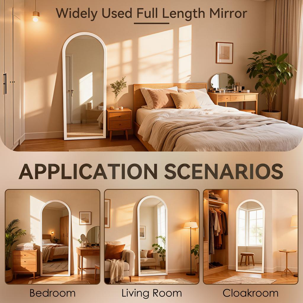 Arched Full-Length Mirror with Wooden Frame in White, 160 x 50 cm, Adjustable Metal Stand, Suitable for Residential and Commercial Spaces
