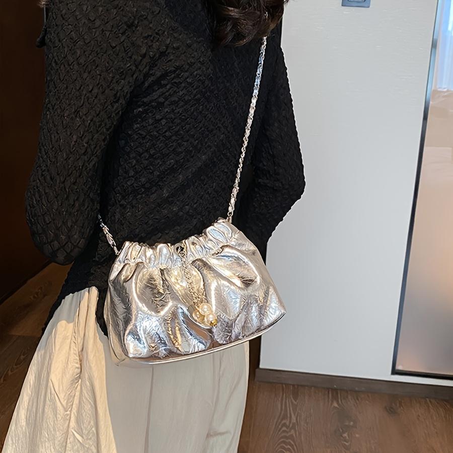 Women's Metallic PU Leather Shoulder Bag Fashionable Chain Strap Bucket Crossbody Purse Elegant Design Women's Evening Dress Bridal Wedding Handbag
